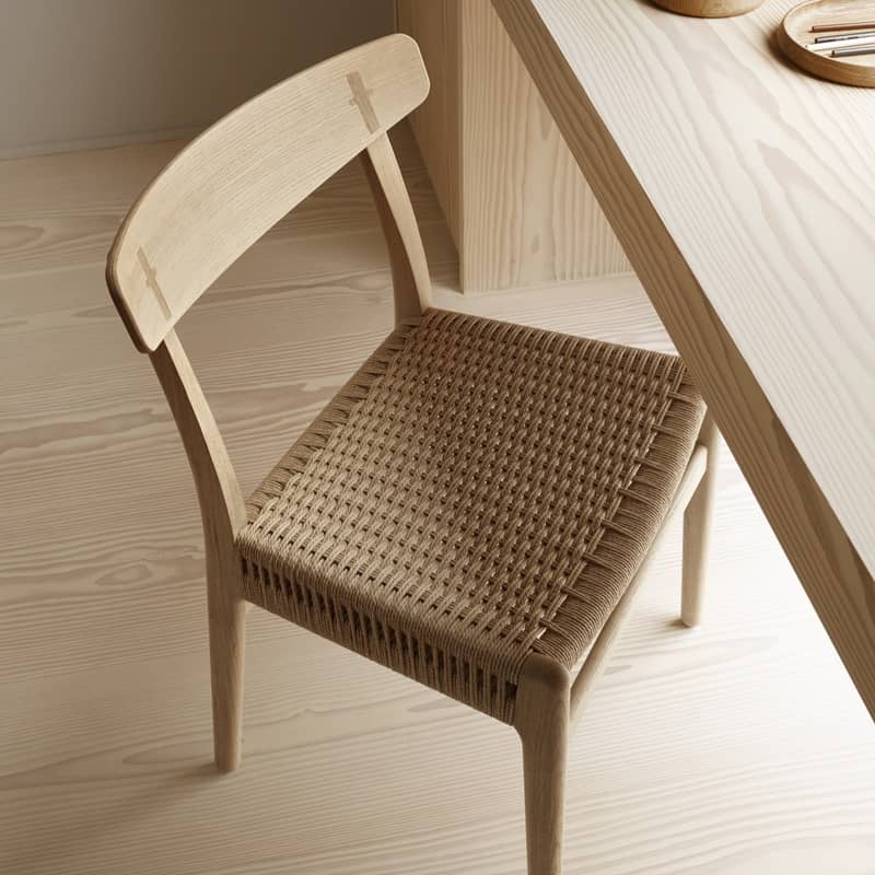Ein Stuhl aus hellem Holz und hellem Geflecht auf der Sitzfl&auml;che steht an einem h&ouml;lzernen Tisch